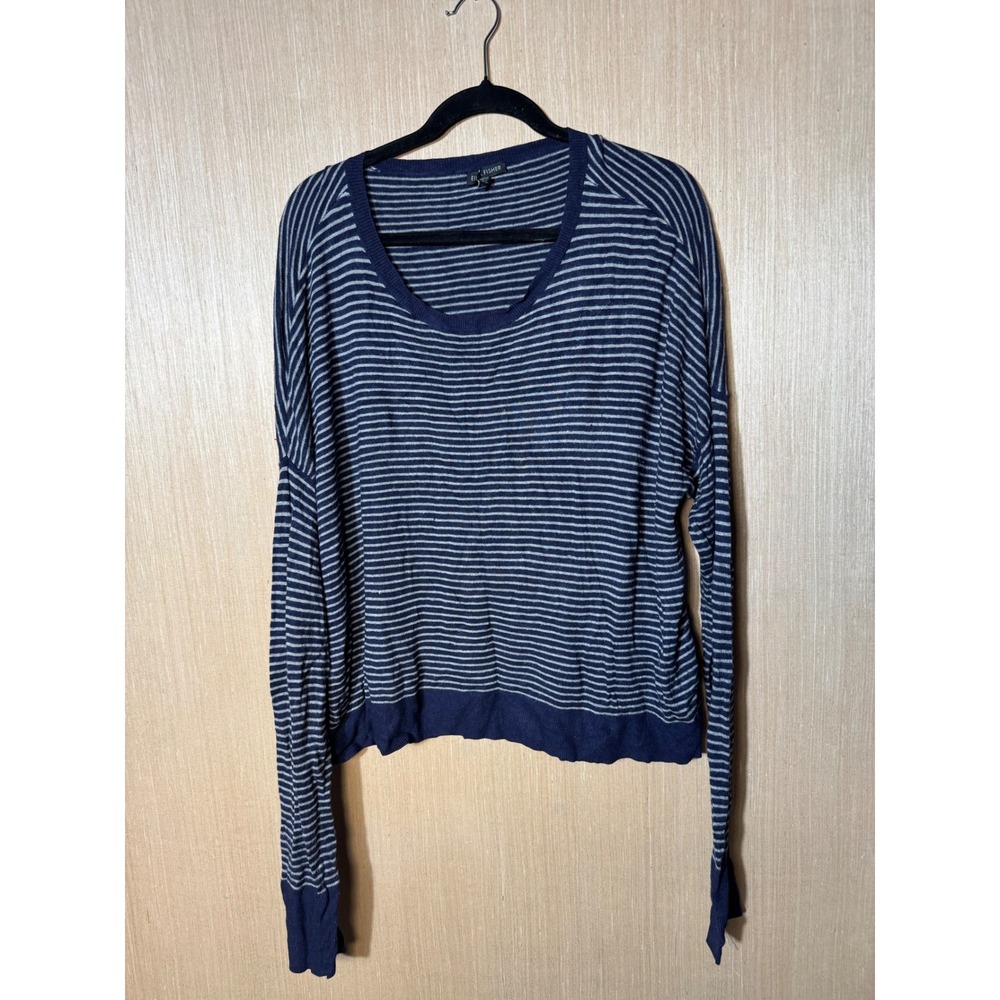 Eileen Fisher Blue Striped Viscose Italian Yarn Boxy Scoop Neck Sweater L